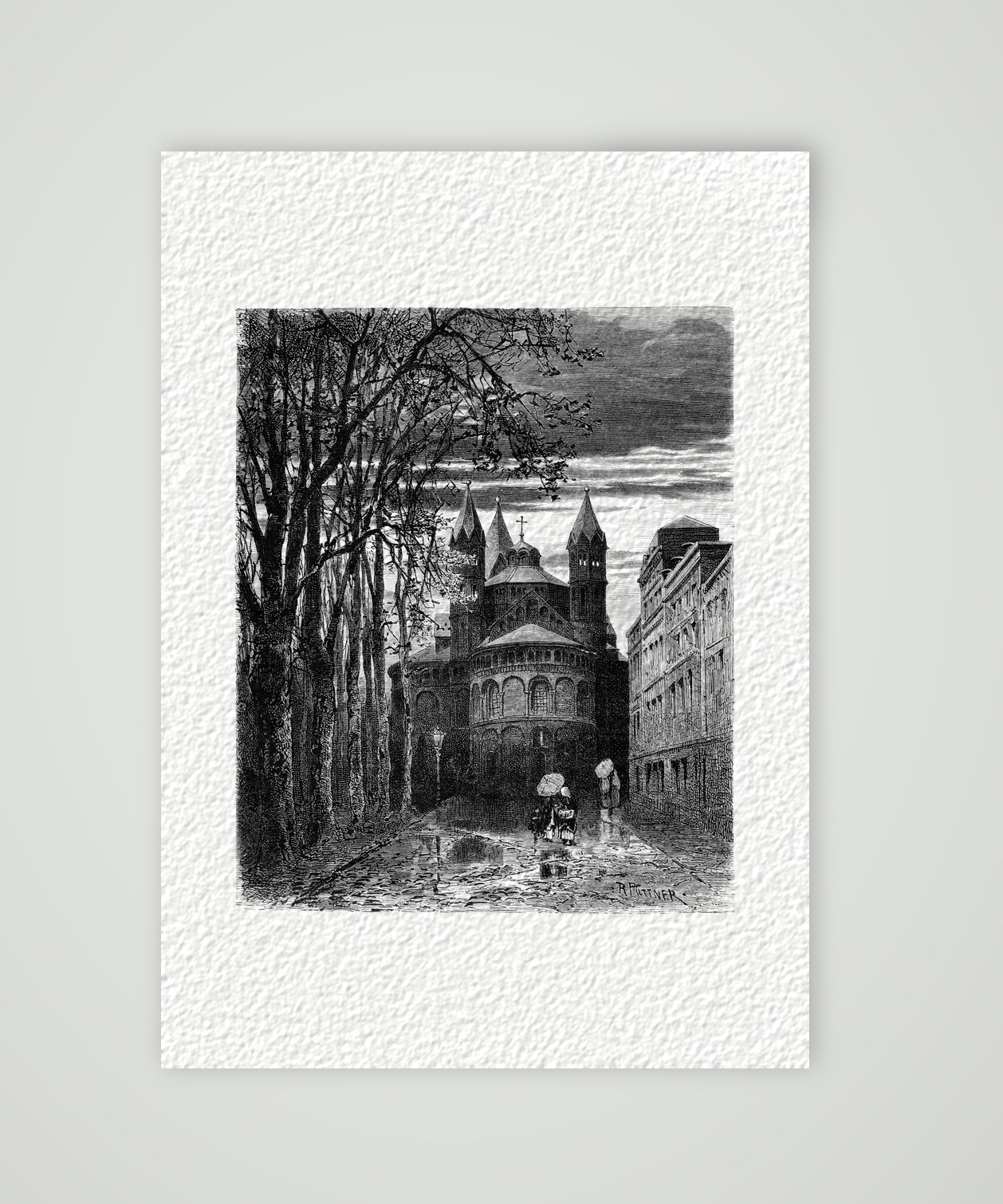 Köln, St. Aposteln am Abend – Holzstich, Kunstdruck auf Hahnemühle-Büttenpapier