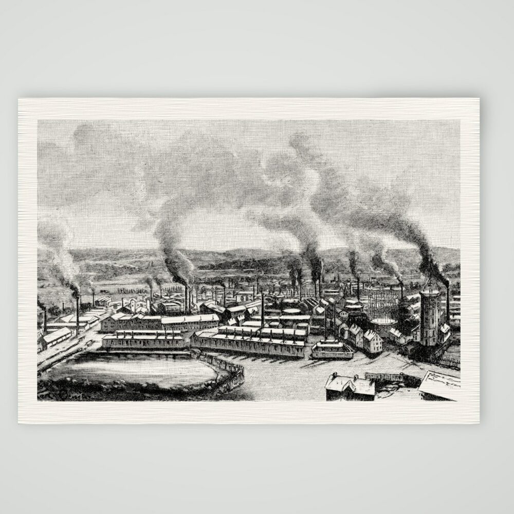 Essen, die Hüttenwerke von Krupp – Holzstich, Kunstdruck auf Leinenpapier