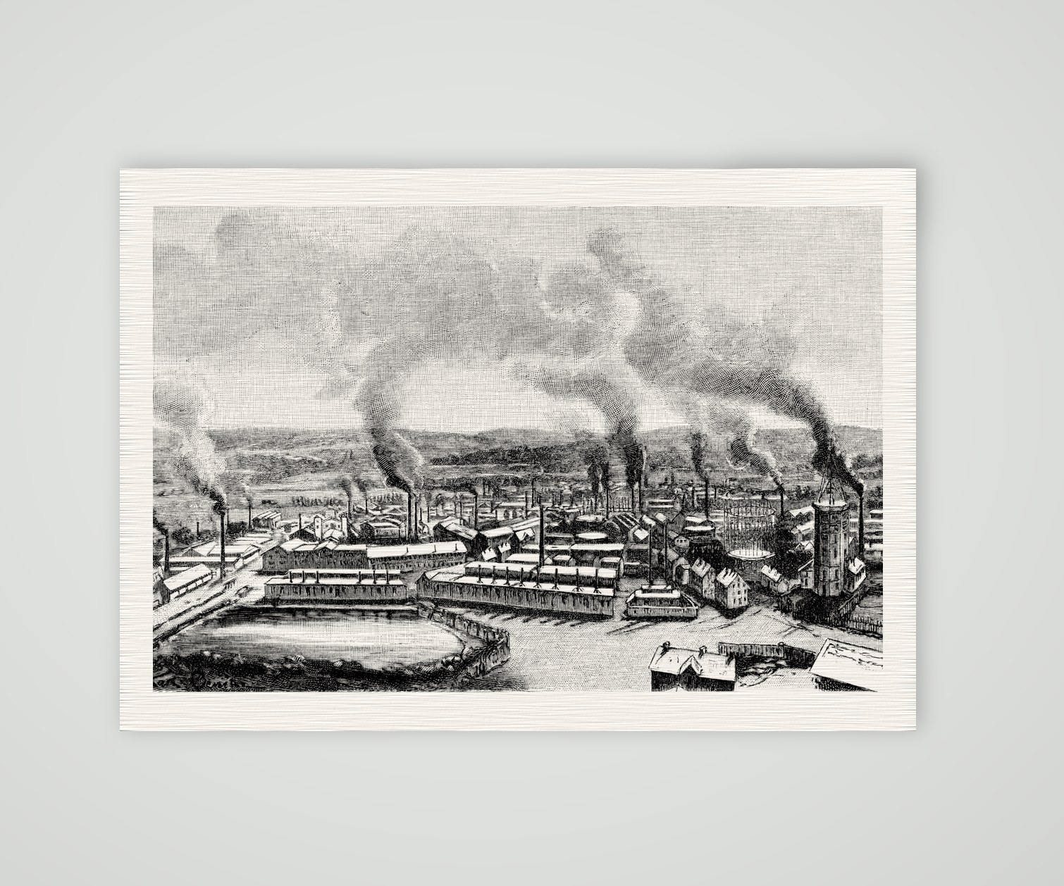 Essen, die Hüttenwerke von Krupp – Holzstich, Kunstdruck auf Leinenpapier