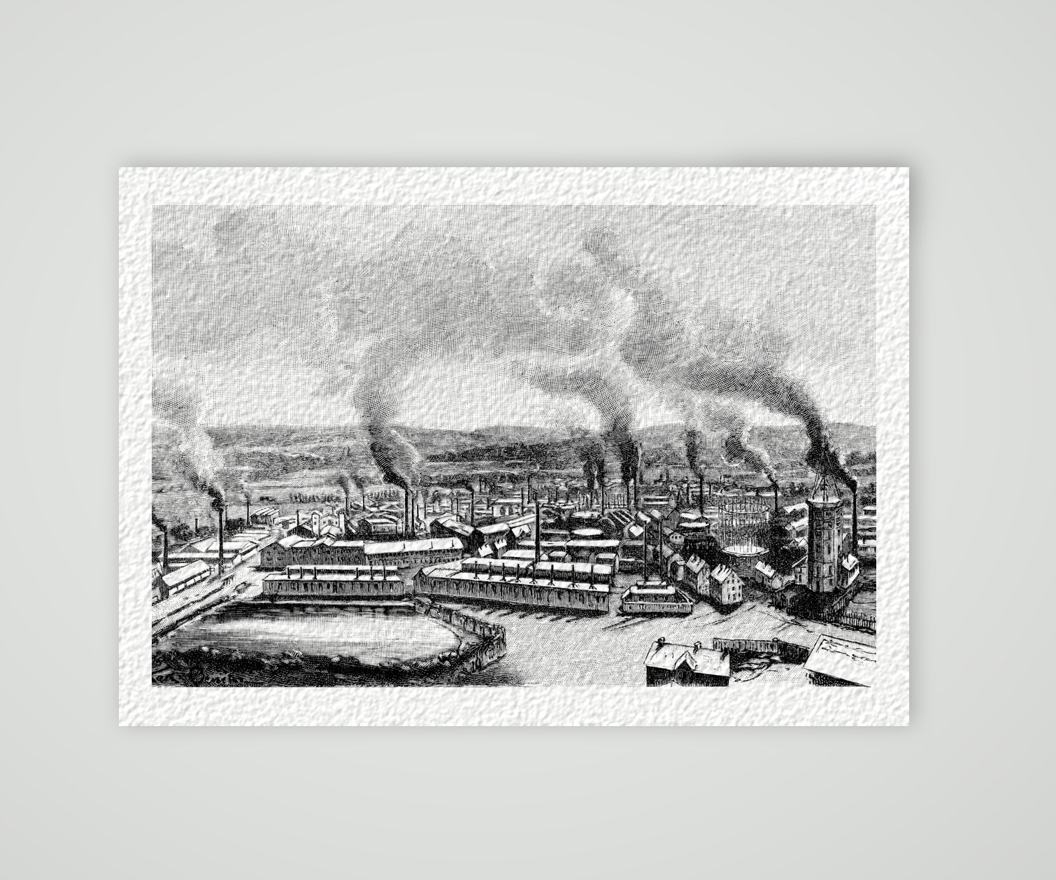 Essen, die Hüttenwerke von Krupp – Holzstich, Kunstdruck auf Hahnemühle-Büttenpapier