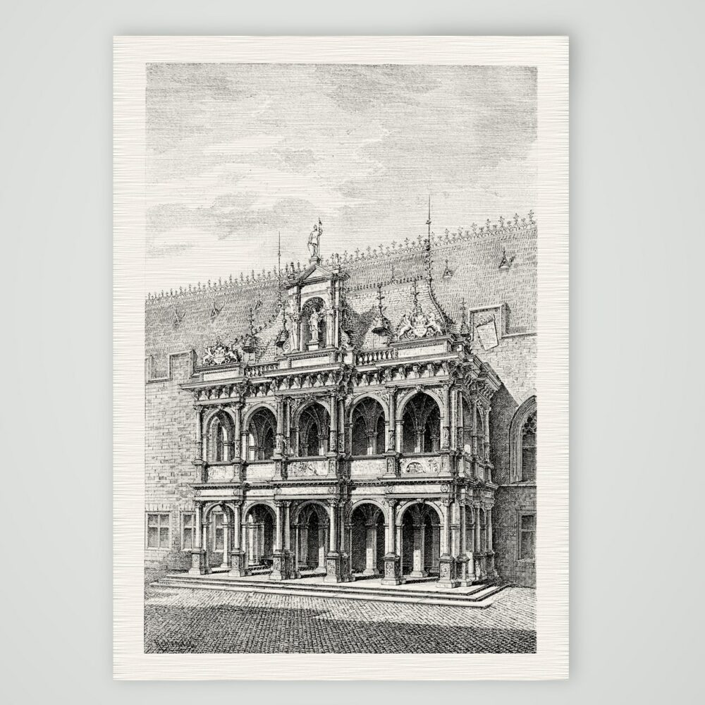 Köln, Renaissance-Vorhalle des Rathauses mit Arkaden und Figurenschmuck, historischer Holzstich, Kunstdruck auf Leinenpapier