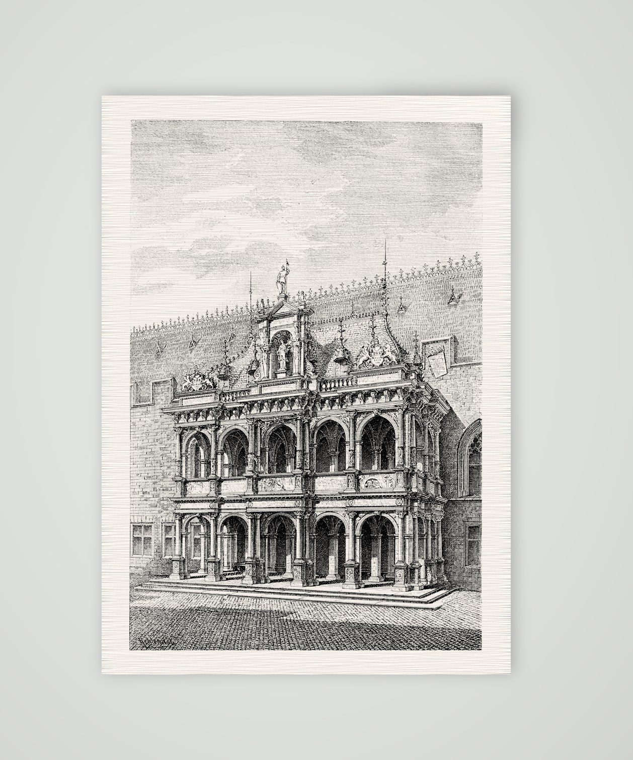Köln, Renaissance-Vorhalle des Rathauses mit Arkaden und Figurenschmuck, historischer Holzstich, Kunstdruck auf Leinenpapier