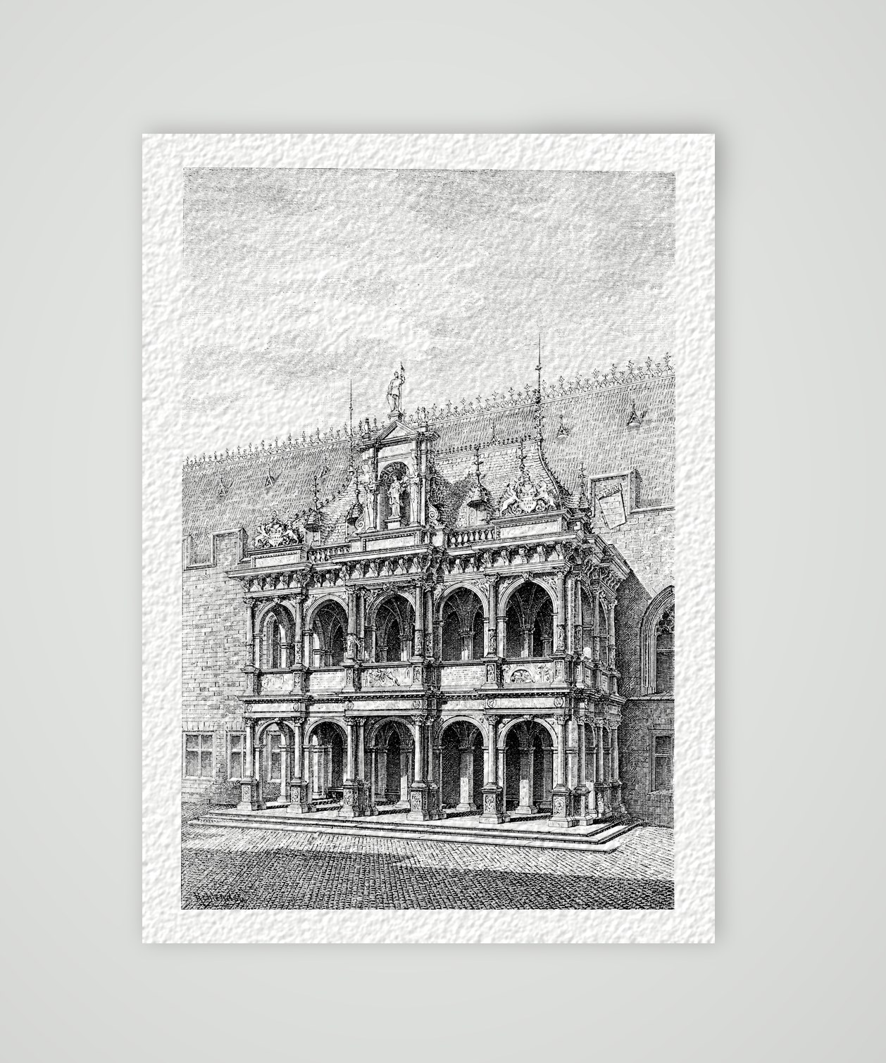 Köln, Renaissance-Vorhalle des Rathauses mit Arkaden und Figurenschmuck, historischer Holzstich, Kunstdruck auf Hahnemühle-Büttenpapier