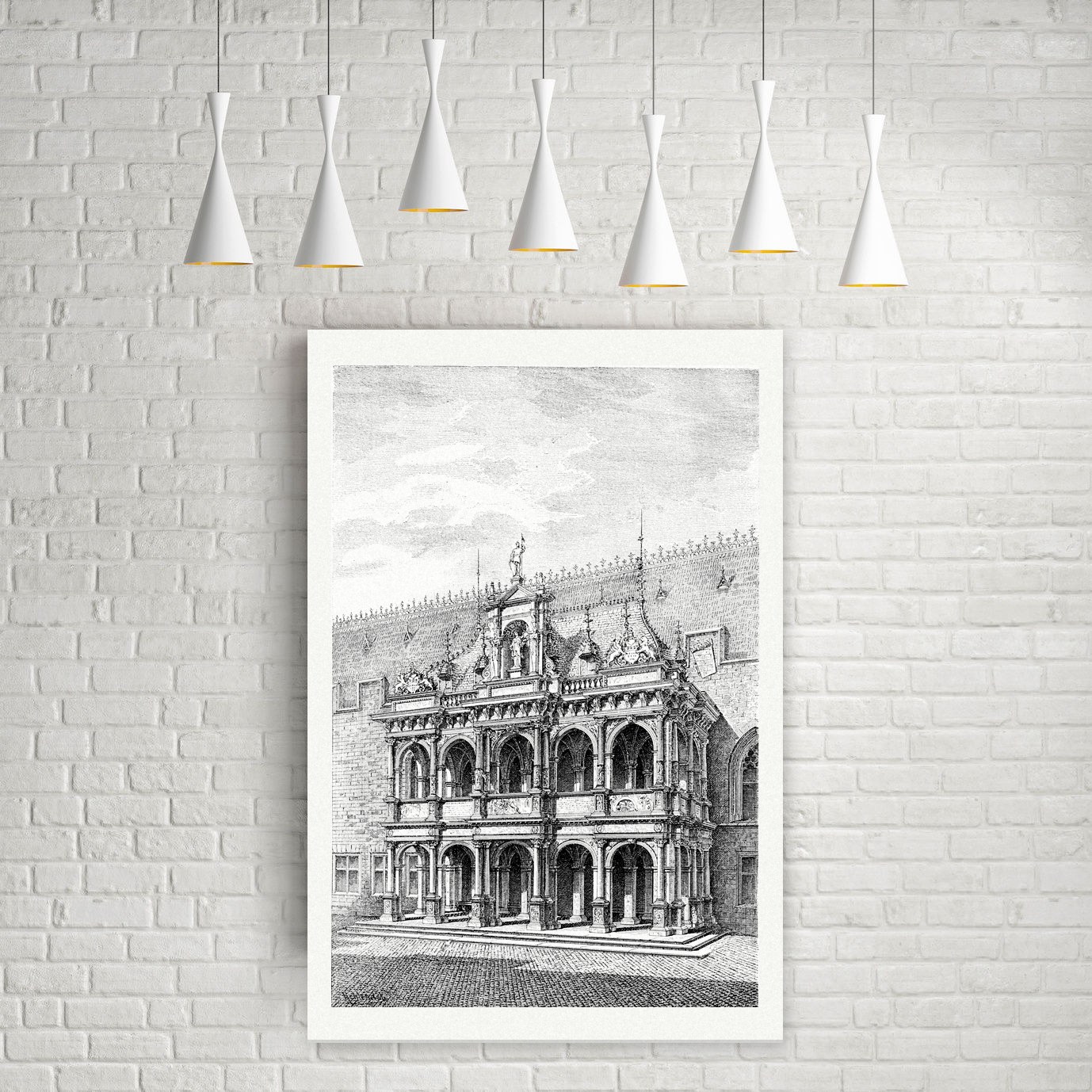 Köln, Renaissance-Vorhalle des Rathauses mit Arkaden und Figurenschmuck, historischer Holzstich, Leinwanddruck auf Holzkeilrahmen an der Wand