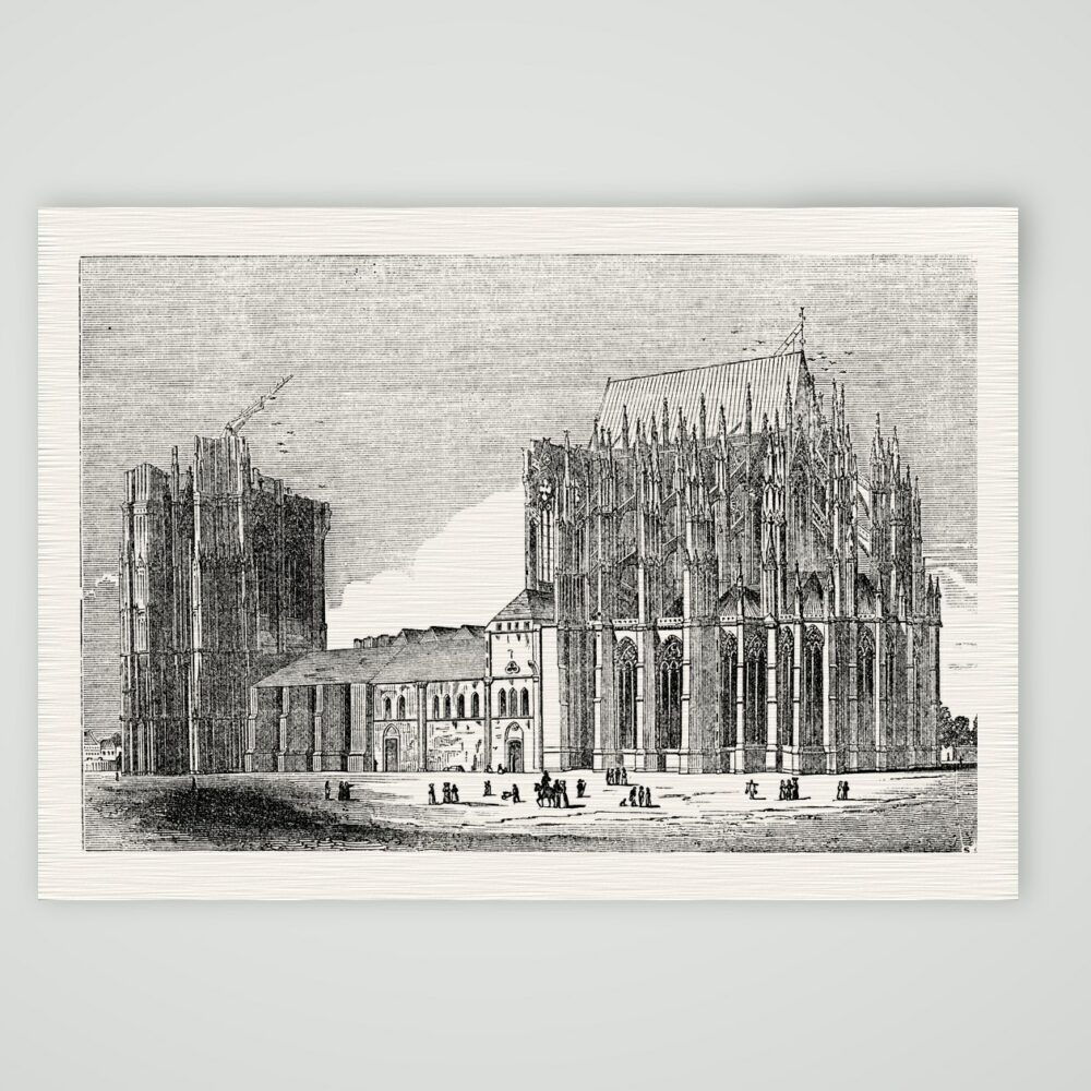Der unvollendete Kölner Dom um 1845 mit Turmstumpf und Baukran, historischer Holzstich, Kunstdruck auf Leinenpapier