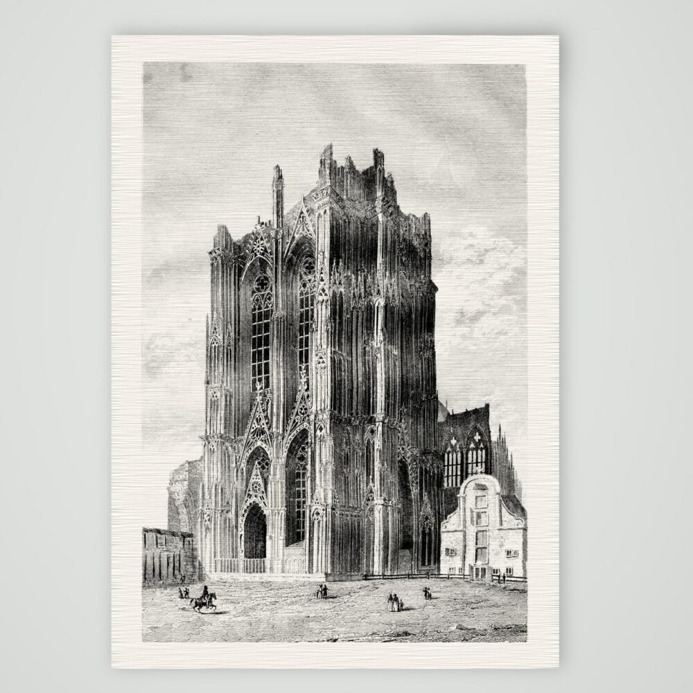 Der unvollendete Südturm des Kölner Doms mit Reiter auf dem Domplatz, Stahlstich um 1840, Kunstdruck auf Leinenpapier