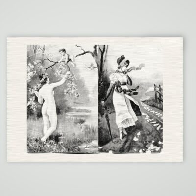 Zweigeteilte Jugendstil-Postkarte mit Frau unter blühendem Zweig und Dame mit Schirm, um 1900, Kunstdruck auf Leinenpapier