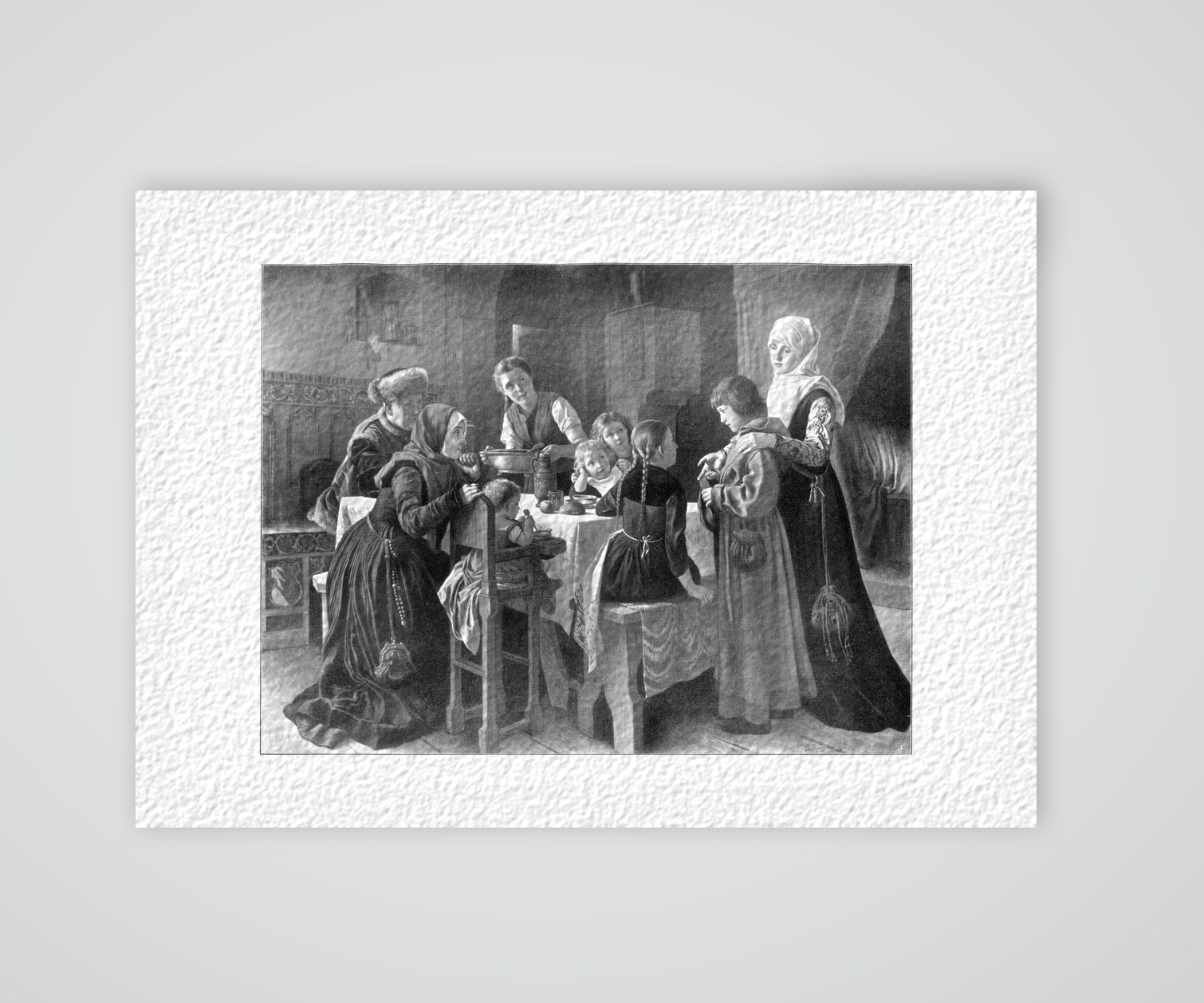 Der junge Luther am Tisch im Haus der Familie Cotta in Eisenach, nach dem Gemälde von Gustav Spangenberg, Kunstdruck auf Hahnemühle-Büttenpapier