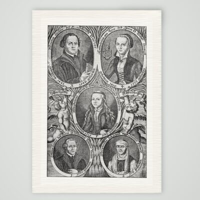 Fünf Medaillonbildnisse der Familie Luther mit Putten und Schriftbändern, nach einem alten Stich, Kunstdruck auf Leinenpapier