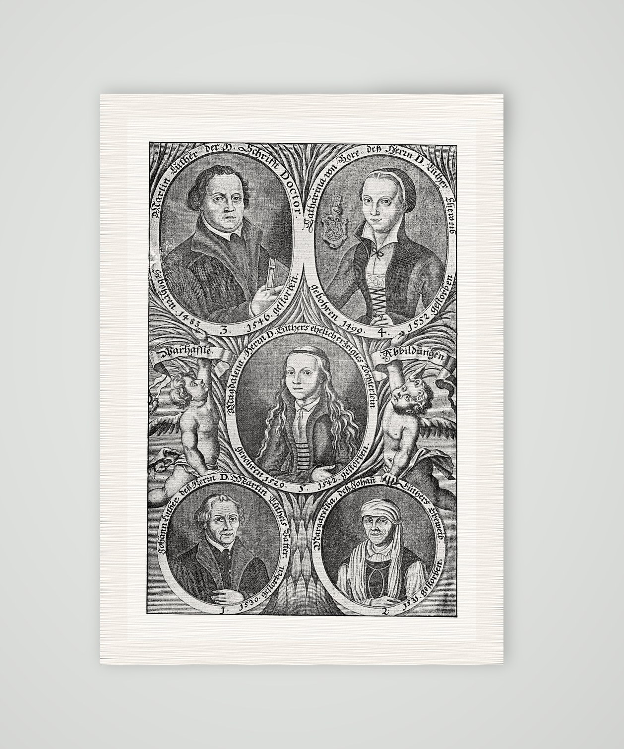 Fünf Medaillonbildnisse der Familie Luther mit Putten und Schriftbändern, nach einem alten Stich, Kunstdruck auf Leinenpapier
