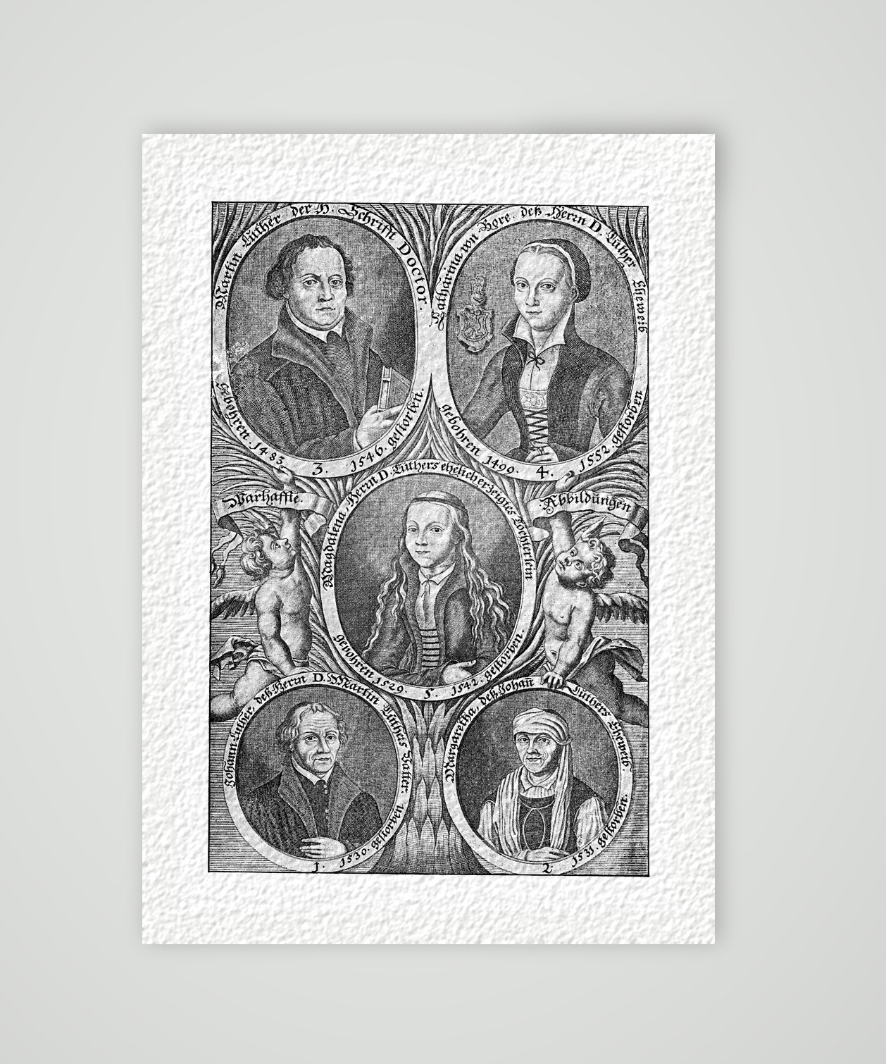 Fünf Medaillonbildnisse der Familie Luther mit Putten und Schriftbändern, nach einem alten Stich, Kunstdruck auf Hahnemühle-Büttenpapier