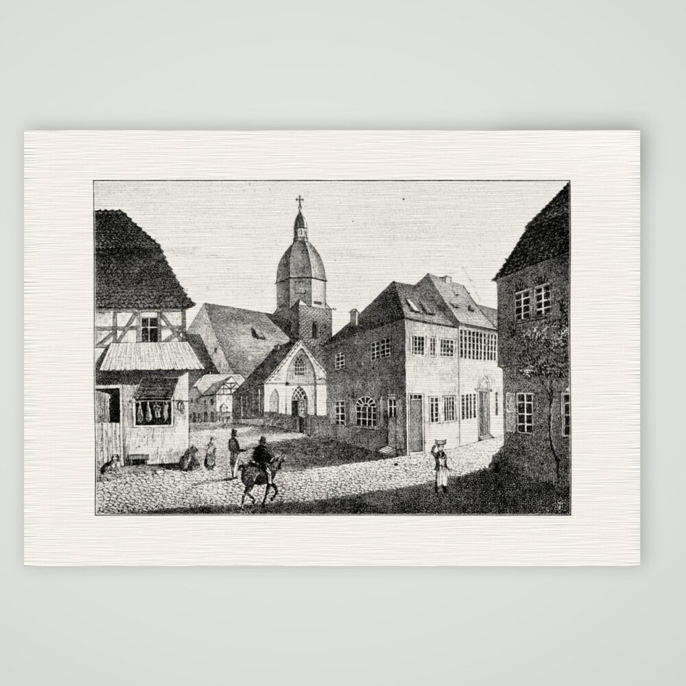 Eisleben, St. Petri-Pauli, Lutherschule und Luthers Haus – Buchreproduktion nach einem Holzstich, Kunstdruck auf Leinenpapier