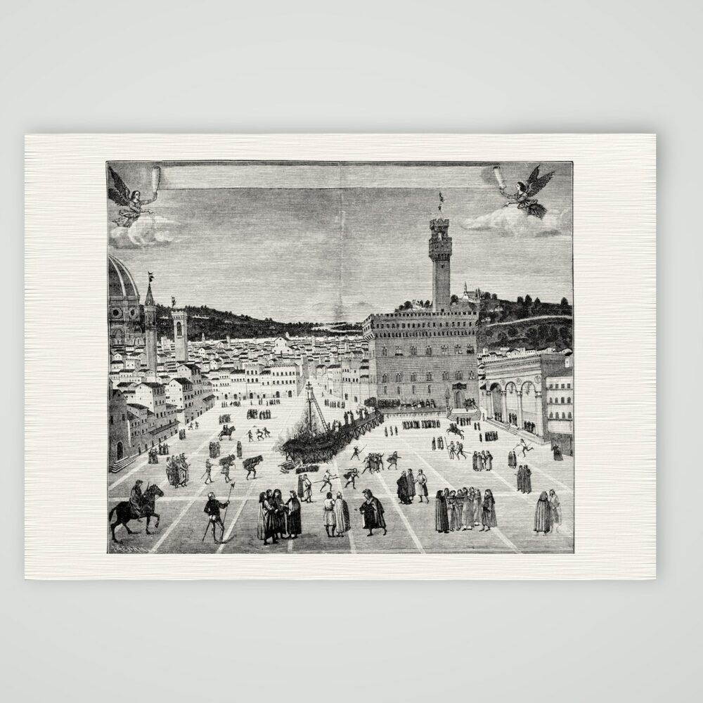 Hinrichtung Savonarolas auf der Piazza della Signoria in Florenz 1498, historischer Holzstich, Kunstdruck auf Leinenpapier