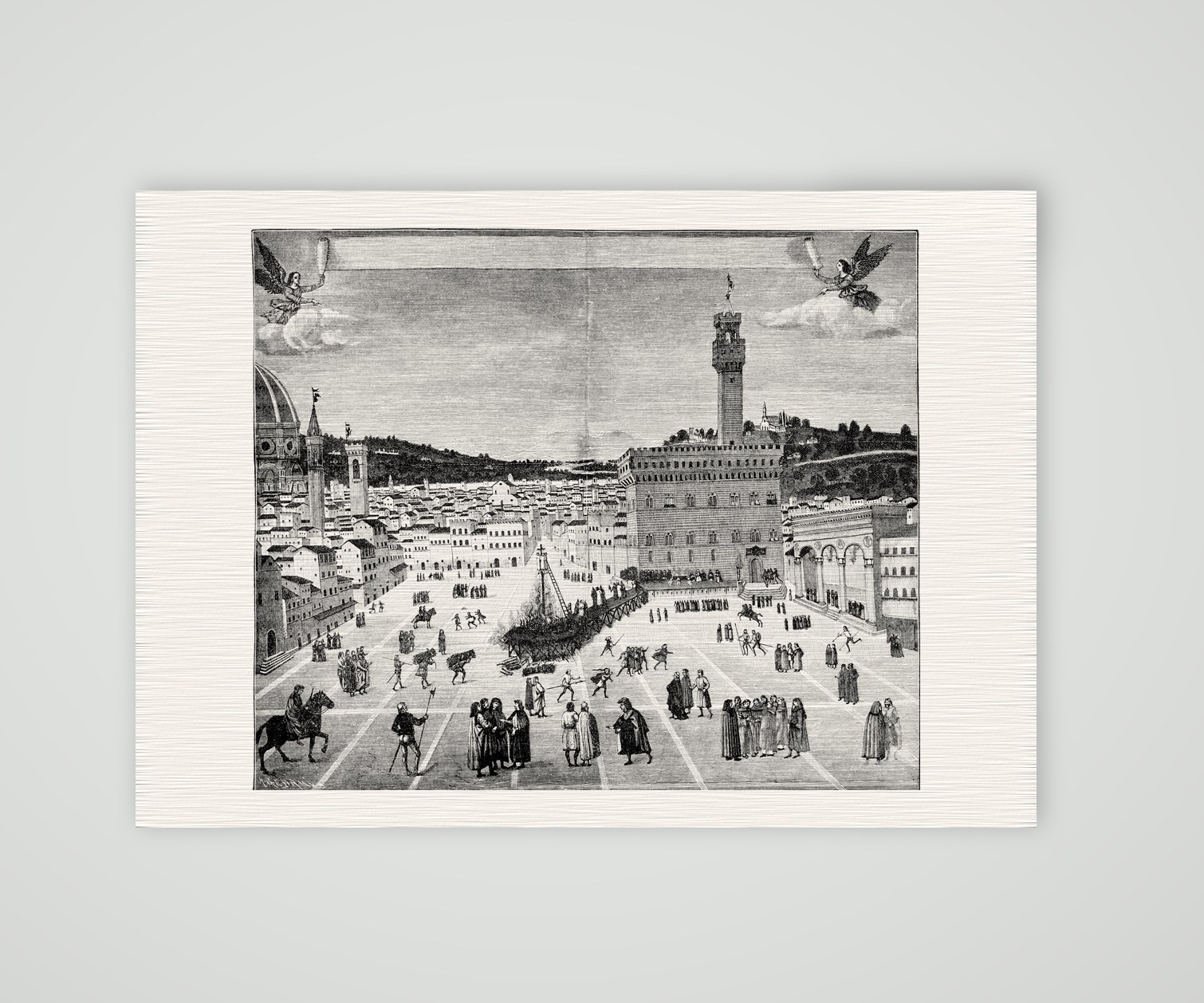 Hinrichtung Savonarolas auf der Piazza della Signoria in Florenz 1498, historischer Holzstich, Kunstdruck auf Leinenpapier