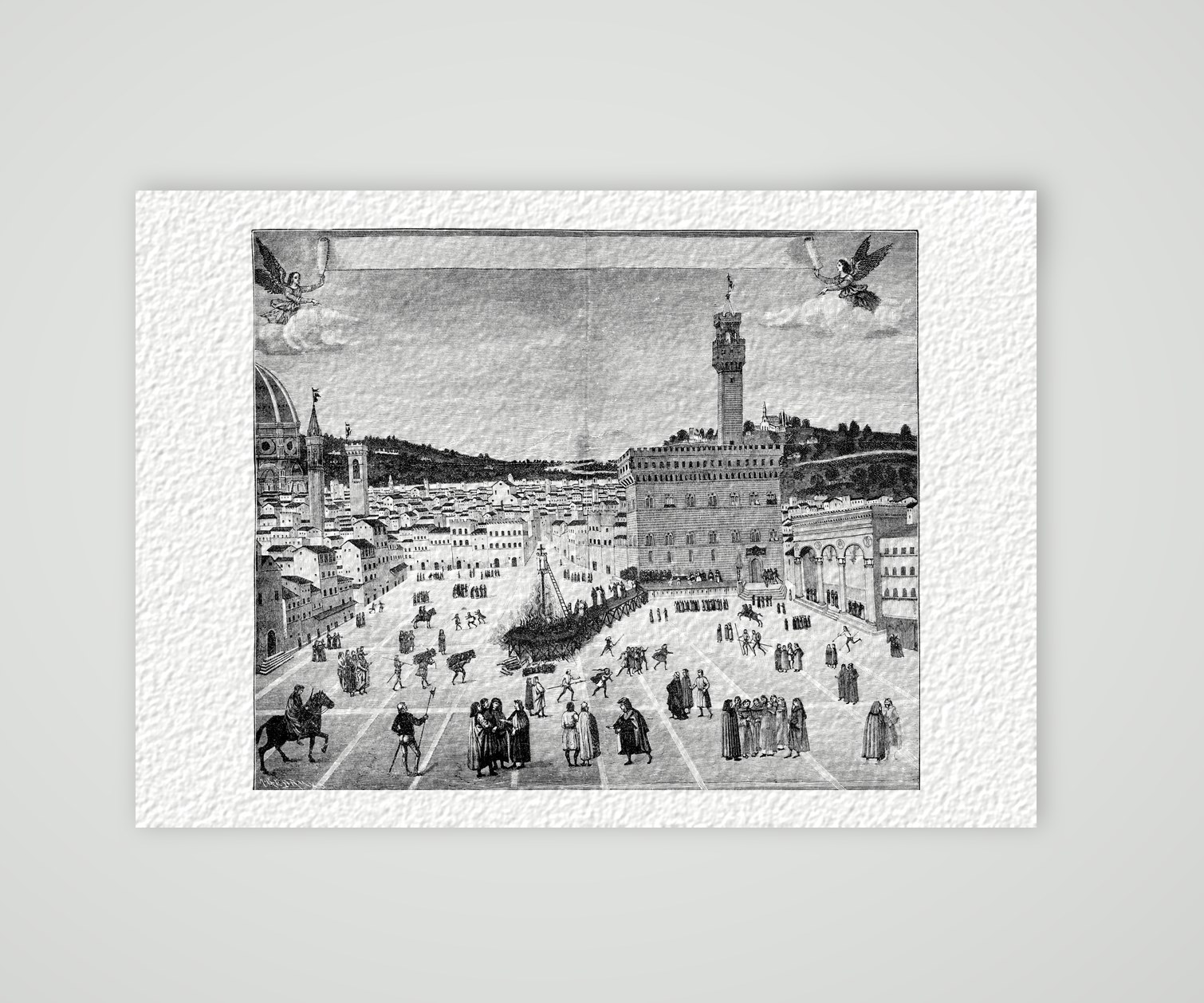 Hinrichtung Savonarolas auf der Piazza della Signoria in Florenz 1498, historischer Holzstich, Kunstdruck auf Hahnemühle-Büttenpapier
