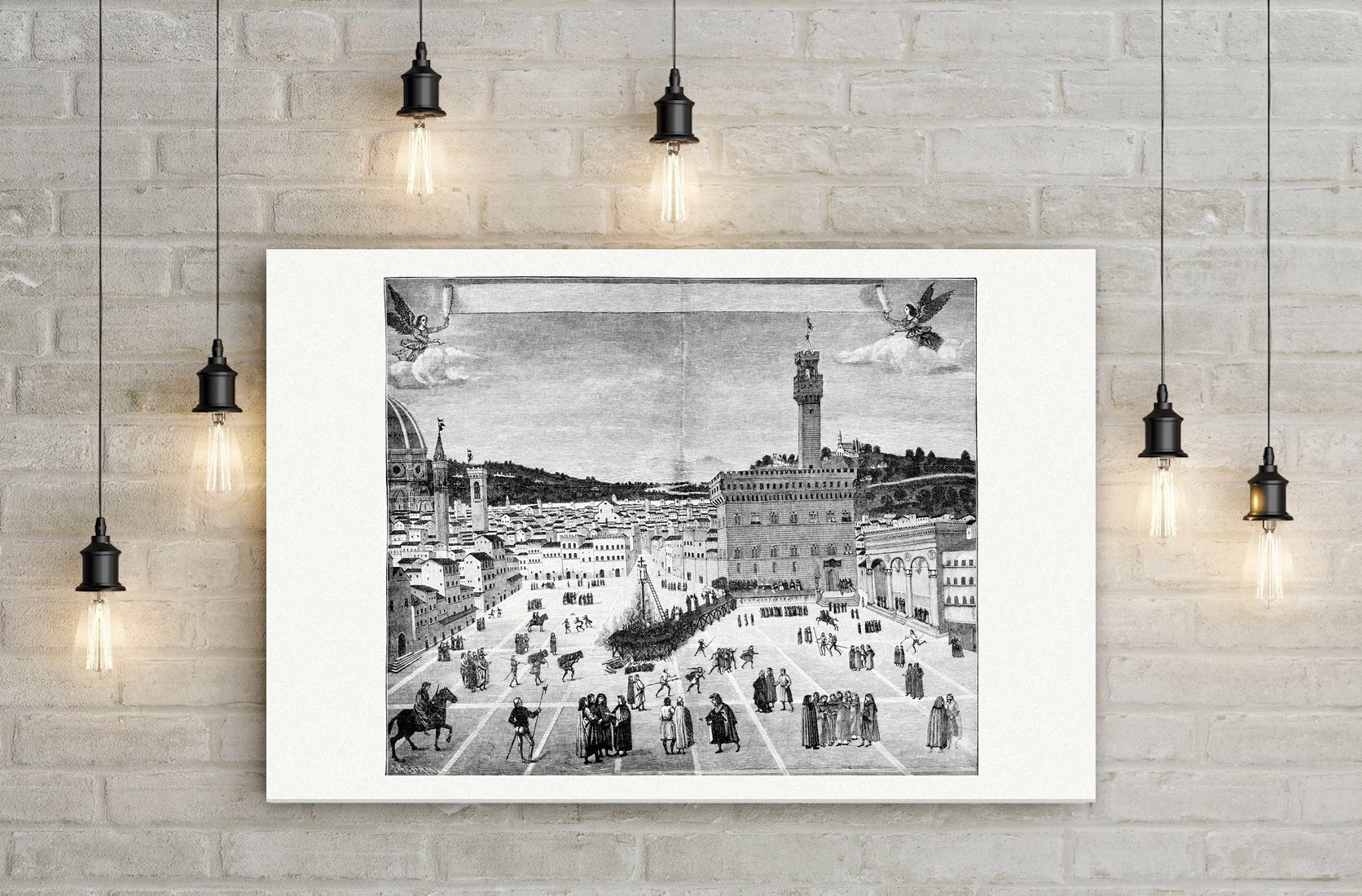 Hinrichtung Savonarolas auf der Piazza della Signoria in Florenz 1498, historischer Holzstich, Leinwanddruck auf Holzkeilrahmen an der Wand