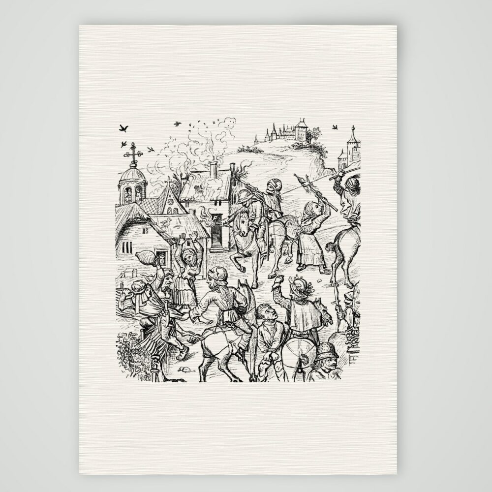 Hussiten überfallen ein Dorf mit brennenden Häusern, Holzschnitt im Stil des 15. Jahrhunderts, Kunstdruck auf Leinenpapier