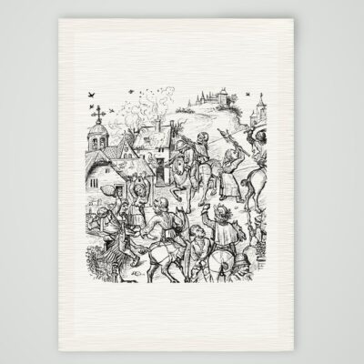 Hussiten überfallen ein Dorf mit brennenden Häusern, Holzschnitt im Stil des 15. Jahrhunderts, Kunstdruck auf Leinenpapier