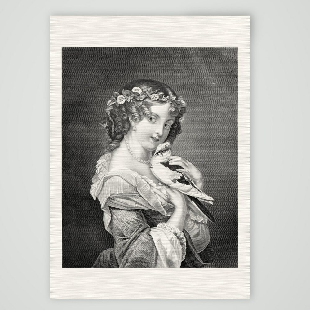 Junge Frau mit Blumenkranz im Haar drückt einen Vogel an die Wange, Stahlstich um 1850, Kunstdruck auf Leinenpapier