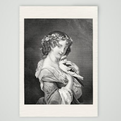 Junge Frau mit Blumenkranz im Haar drückt einen Vogel an die Wange, Stahlstich um 1850, Kunstdruck auf Leinenpapier
