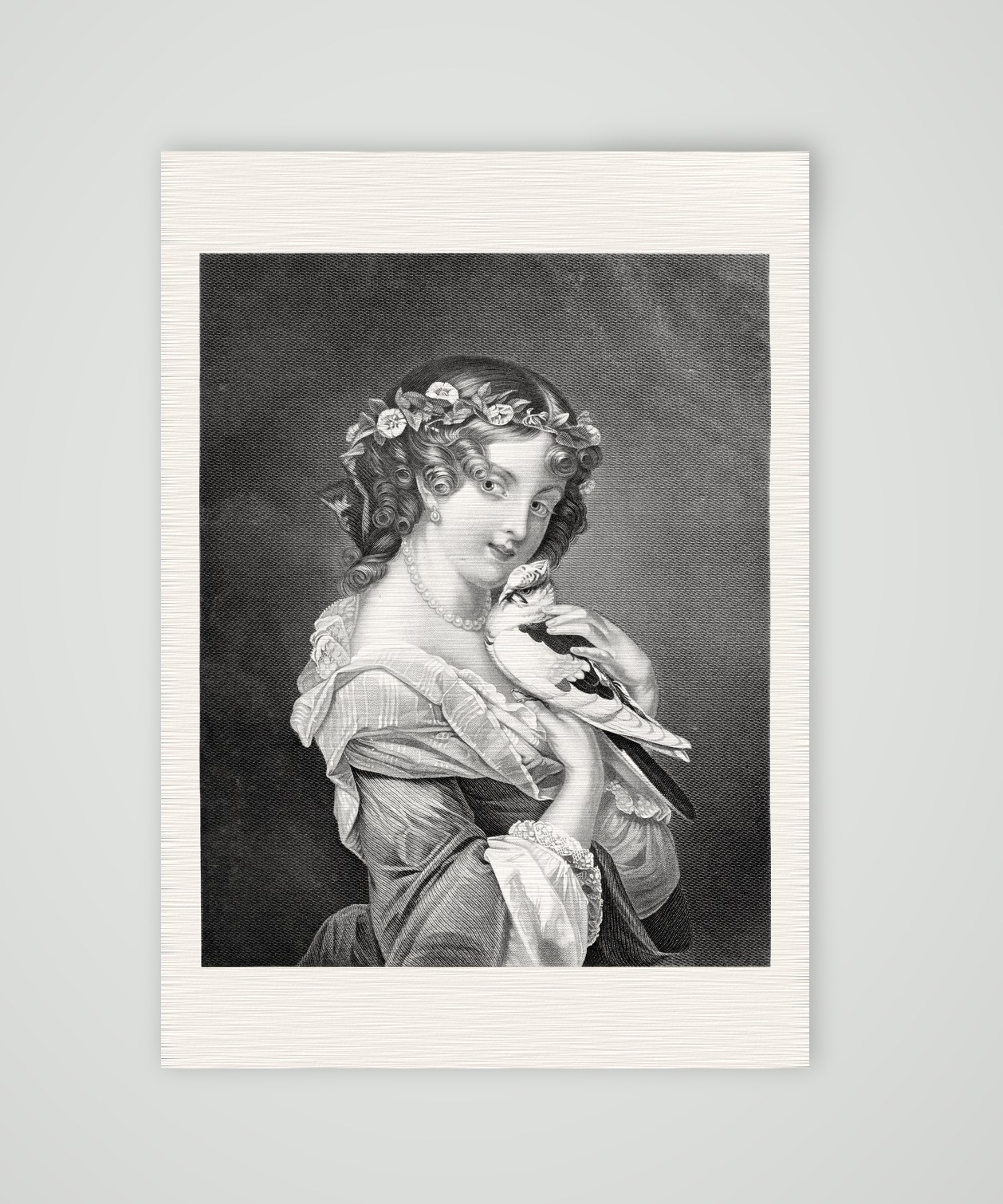 Junge Frau mit Blumenkranz im Haar drückt einen Vogel an die Wange, Stahlstich um 1850, Kunstdruck auf Leinenpapier