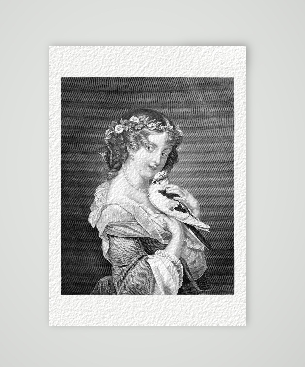 Junge Frau mit Blumenkranz im Haar drückt einen Vogel an die Wange, Stahlstich um 1850, Kunstdruck auf Hahnemühle-Büttenpapier
