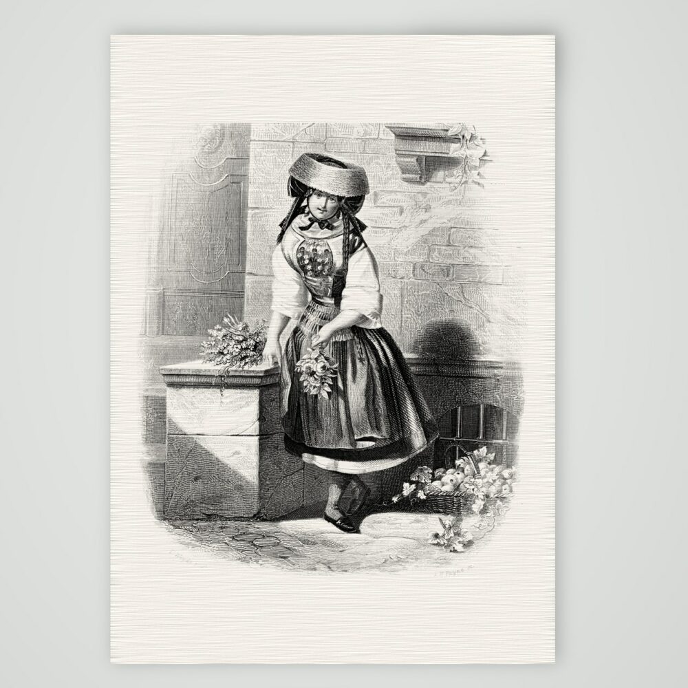 Vierländerin in Tracht mit Blumenkorb an einem Steinsockel, Stahlstich um 1850, Kunstdruck auf Leinenpapier
