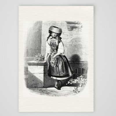 Vierländerin in Tracht mit Blumenkorb an einem Steinsockel, Stahlstich um 1850, Kunstdruck auf Leinenpapier