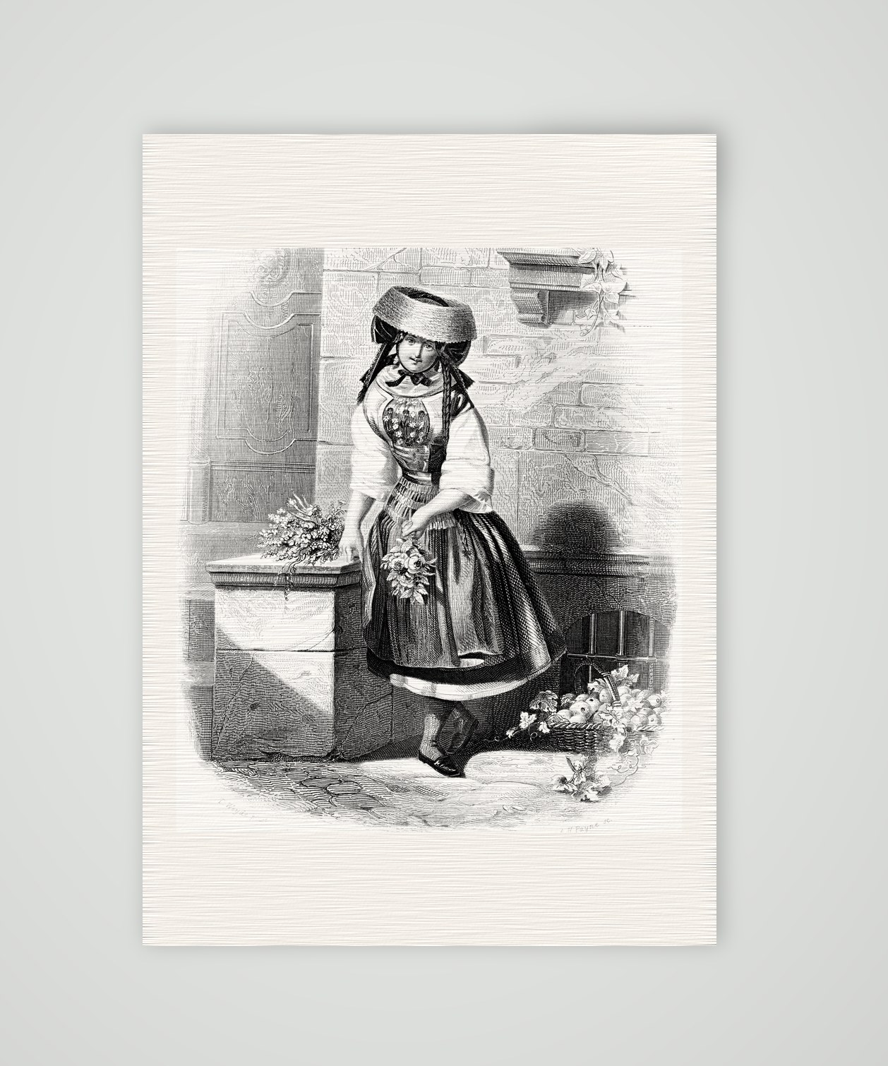 Vierländerin in Tracht mit Blumenkorb an einem Steinsockel, Stahlstich um 1850, Kunstdruck auf Leinenpapier