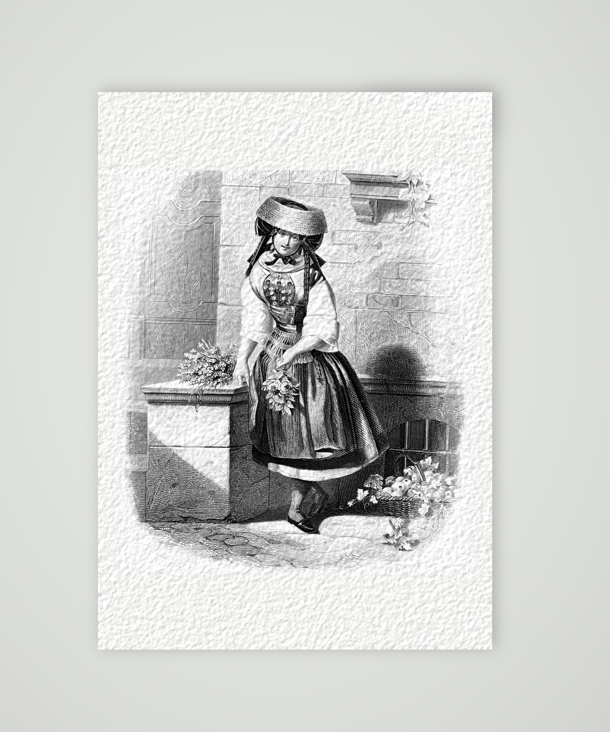 Vierländerin in Tracht mit Blumenkorb an einem Steinsockel, Stahlstich um 1850, Kunstdruck auf Hahnemühle-Büttenpapier