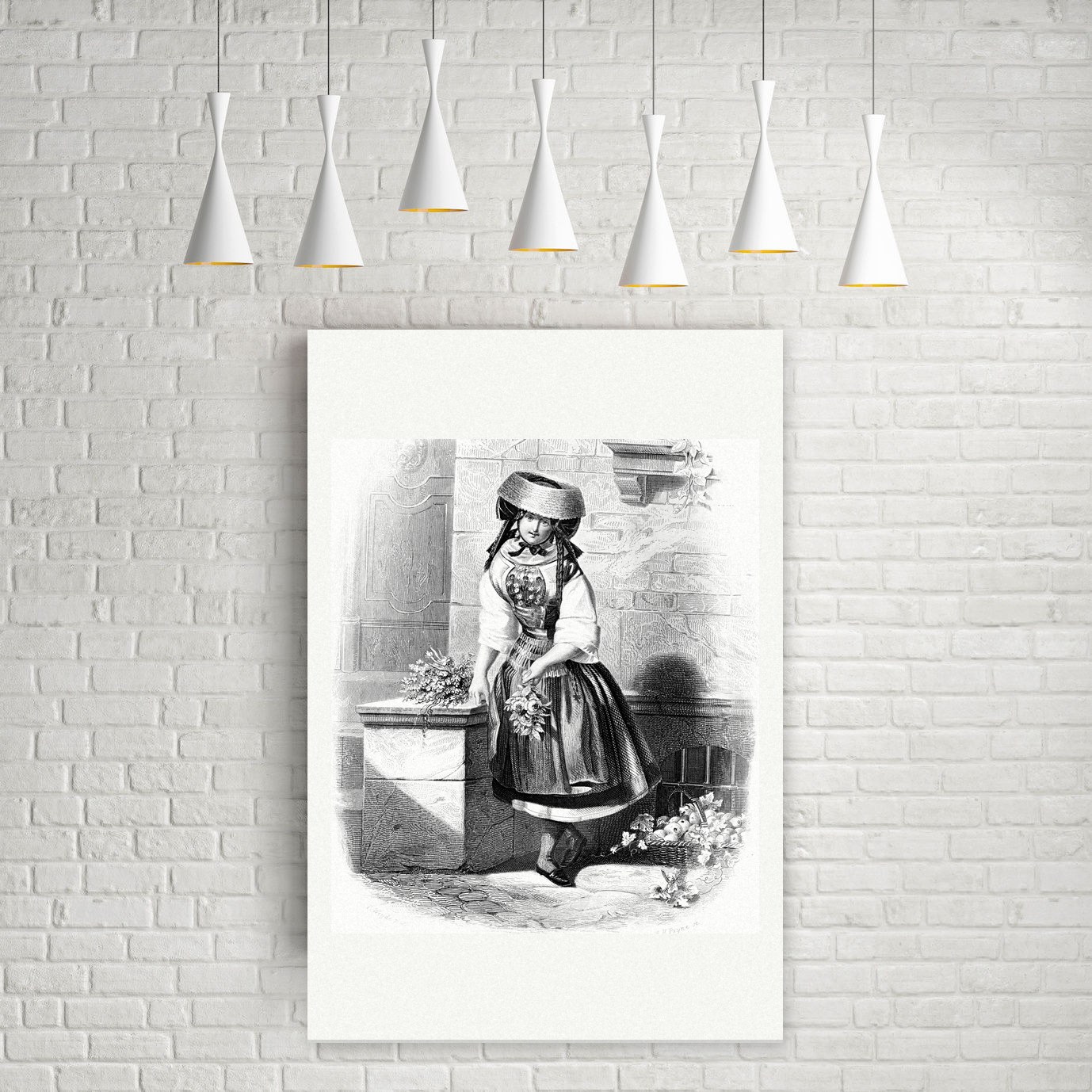 Vierländerin in Tracht mit Blumenkorb an einem Steinsockel, Stahlstich um 1850, Leinwanddruck auf Holzkeilrahmen an der Wand
