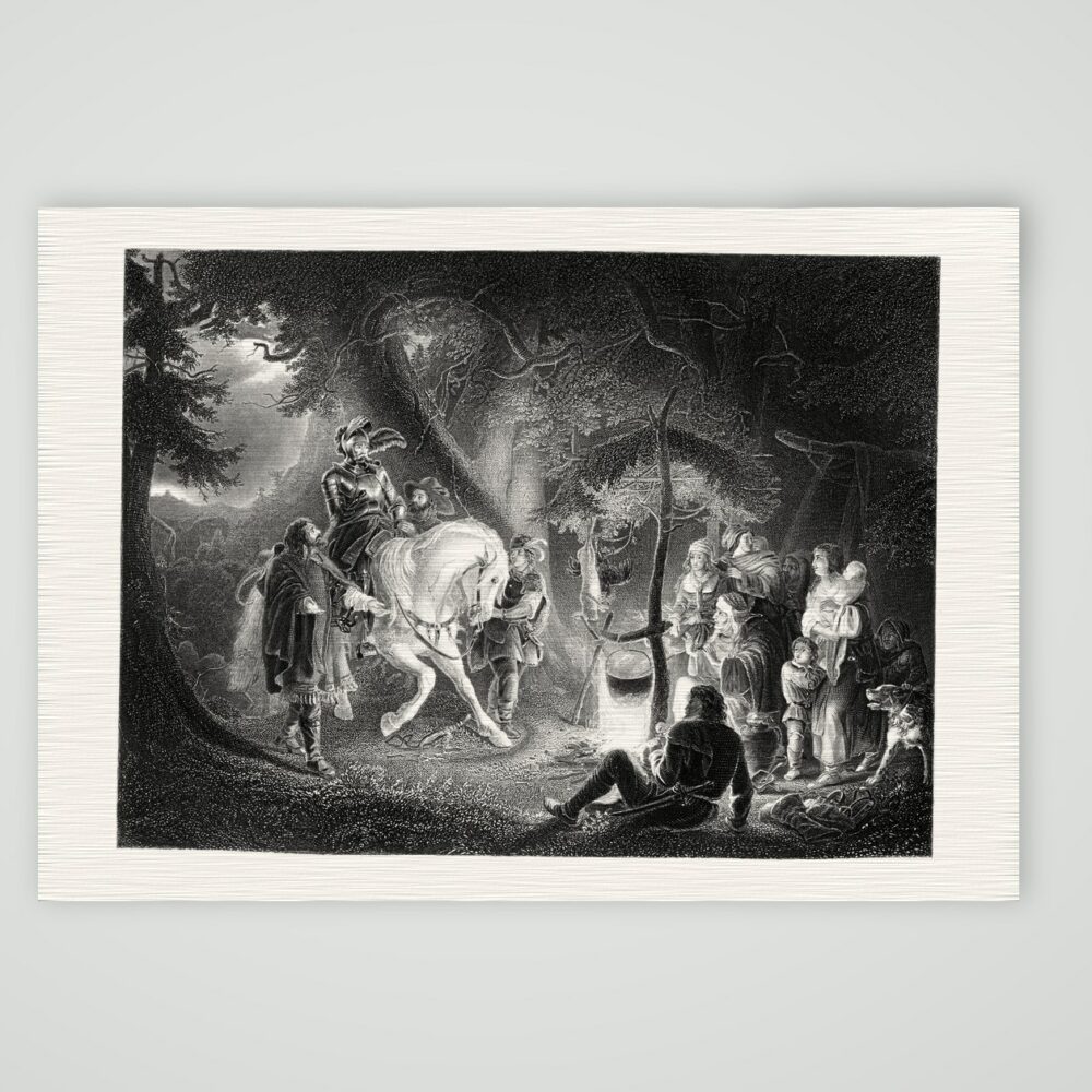Götz von Berlichingen zu Pferd am nächtlichen Lagerfeuer im Wald, Stahlstich um 1850, Kunstdruck auf Leinenpapier