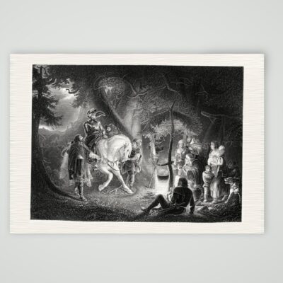 Götz von Berlichingen zu Pferd am nächtlichen Lagerfeuer im Wald, Stahlstich um 1850, Kunstdruck auf Leinenpapier