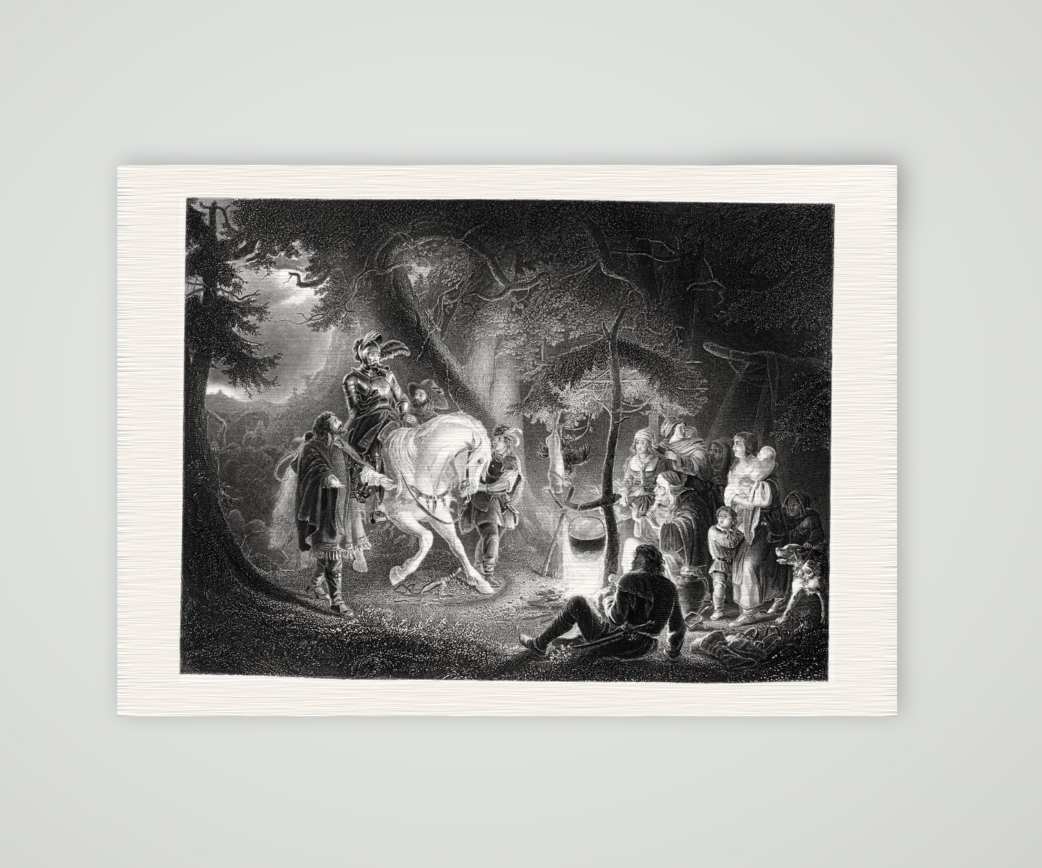Götz von Berlichingen zu Pferd am nächtlichen Lagerfeuer im Wald, Stahlstich um 1850, Kunstdruck auf Leinenpapier