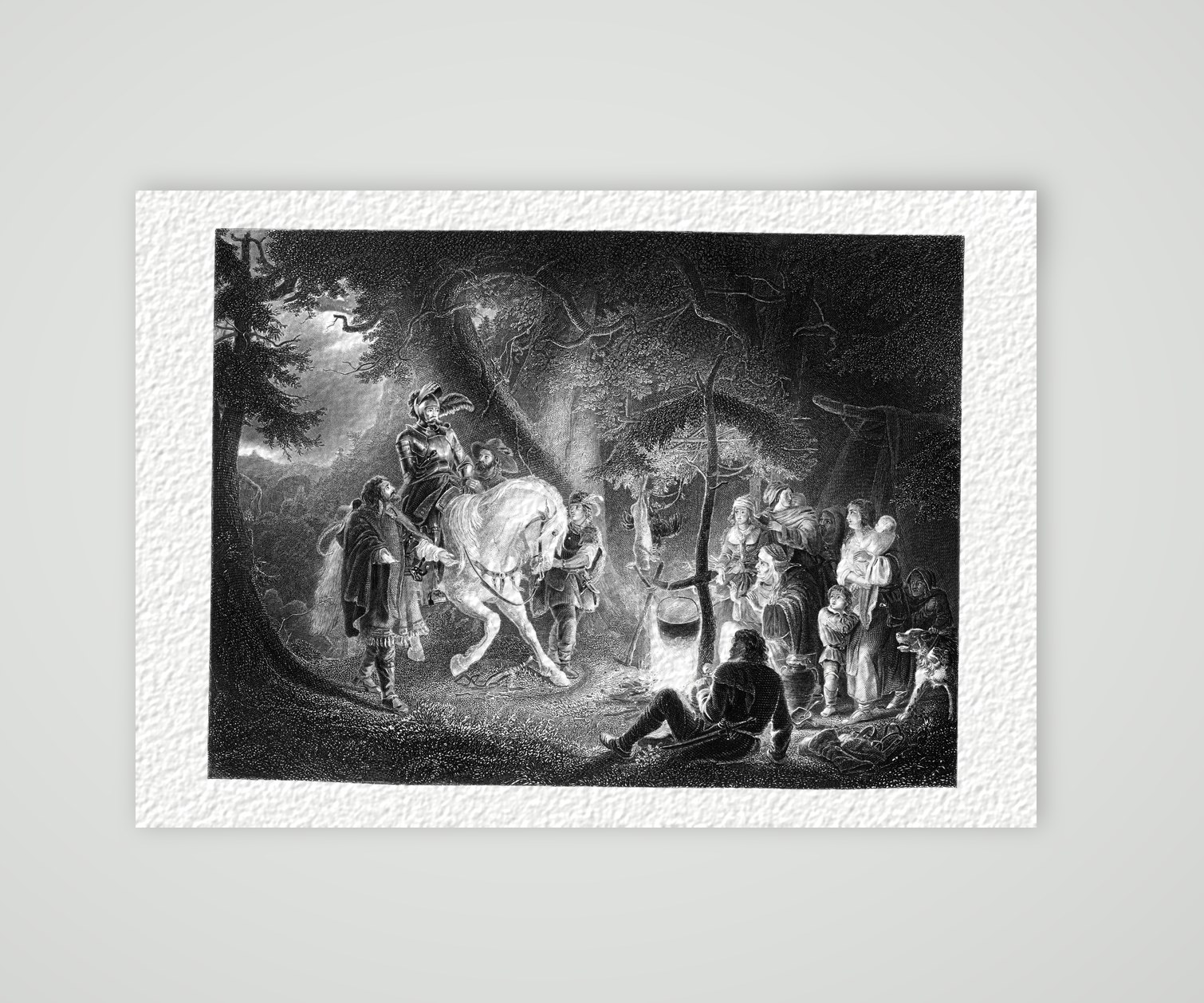 Götz von Berlichingen zu Pferd am nächtlichen Lagerfeuer im Wald, Stahlstich um 1850, Kunstdruck auf Hahnemühle-Büttenpapier