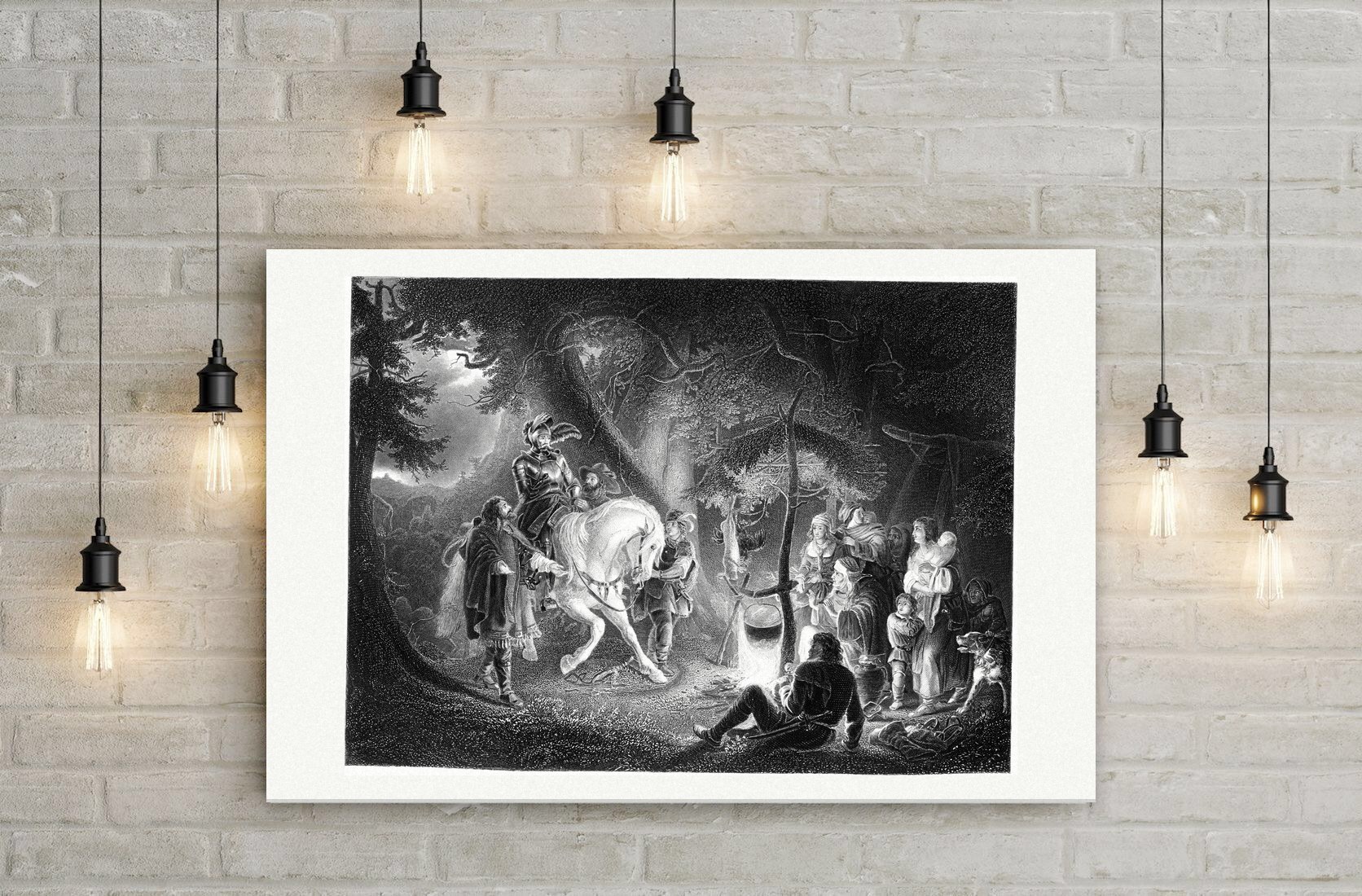 Götz von Berlichingen zu Pferd am nächtlichen Lagerfeuer im Wald, Stahlstich um 1850, Leinwanddruck auf Holzkeilrahmen an der Wand