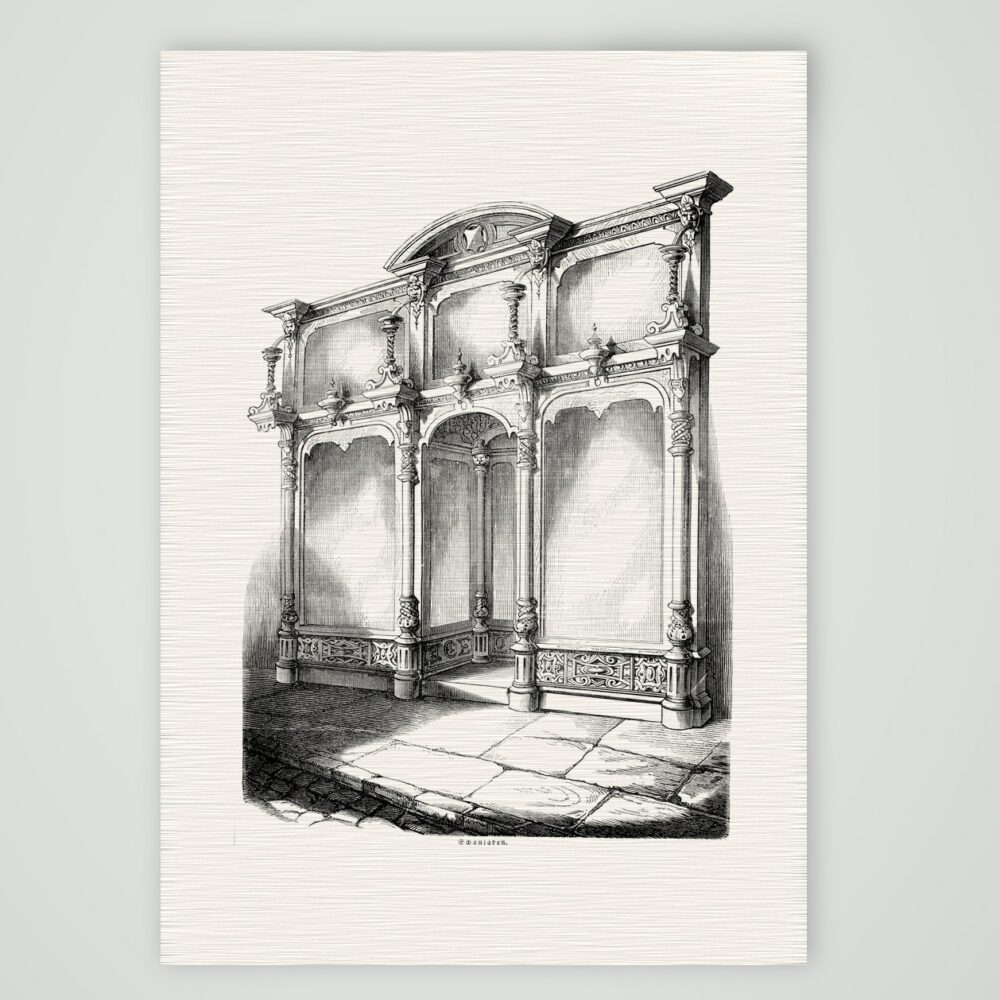 Entwurf einer prachtvollen Ladenfront mit drei Schaufenstern und geschnitzten Säulen, Holzstich um 1860, Kunstdruck auf Leinenpapier
