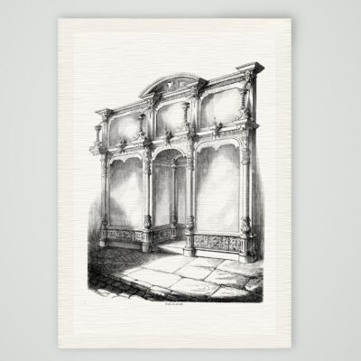 Entwurf einer prachtvollen Ladenfront mit drei Schaufenstern und geschnitzten Säulen, Holzstich um 1860, Kunstdruck auf Leinenpapier