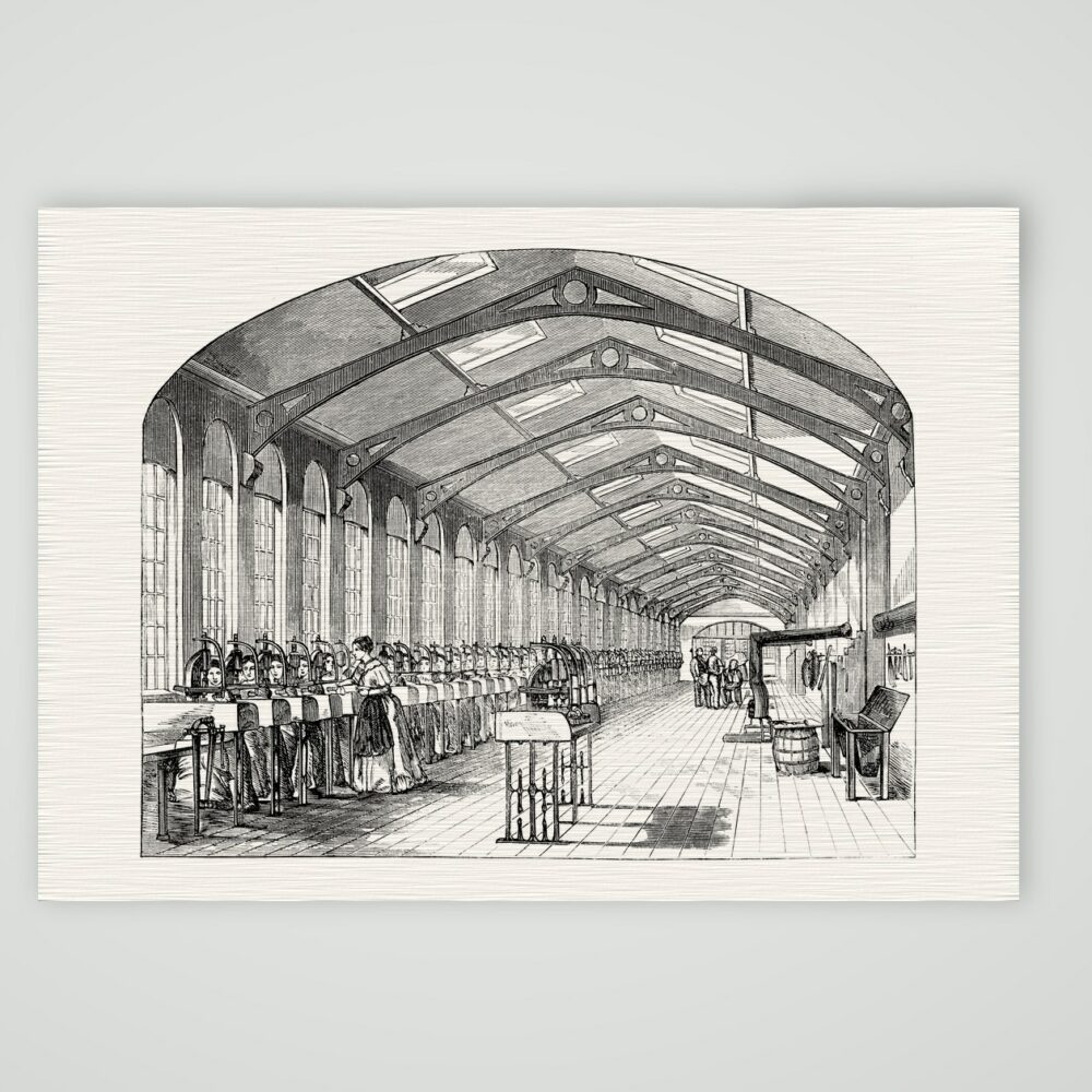 Langer Fabriksaal mit Oberlichtern, Arbeiterinnen fertigen Stahlfedern an Pressen, Holzstich um 1860, Kunstdruck auf Leinenpapier