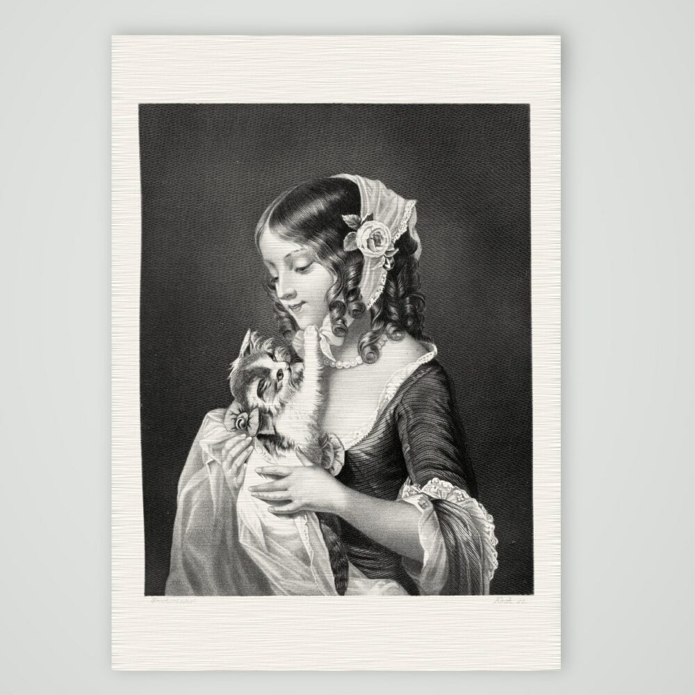 Mignonne – Mädchen mit Kätzchen – Stahlstich, Kunstdruck auf Leinenpapier