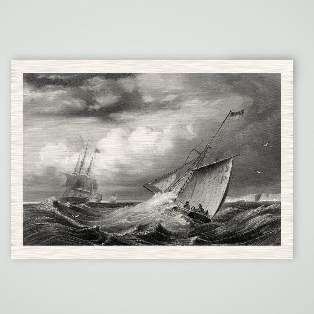 Lotsenboot in stürmischer See vor Kreidefelsen, Stahlstich aus Paynes Universum um 1850, Kunstdruck auf Leinenpapier