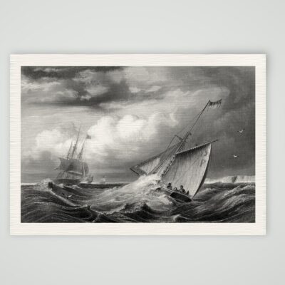 Lotsenboot in stürmischer See vor Kreidefelsen, Stahlstich aus Paynes Universum um 1850, Kunstdruck auf Leinenpapier