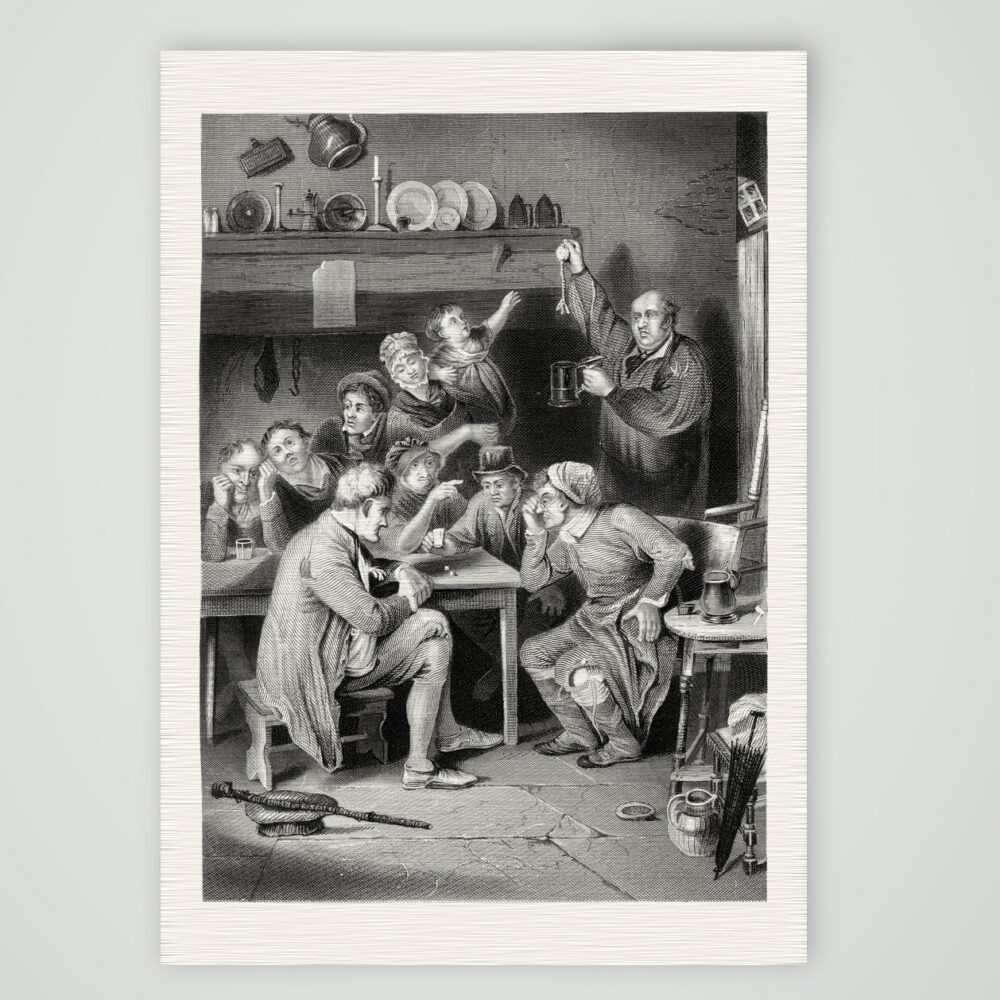 Die Ausspielung der Uhr – Stahlstich, Kunstdruck auf Leinenpapier