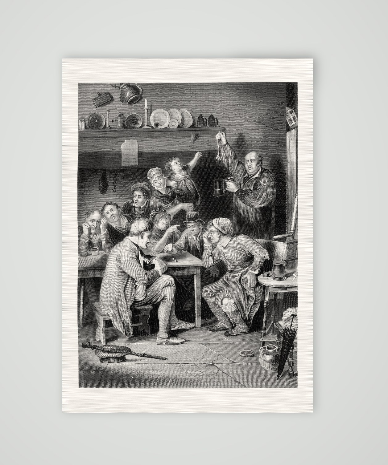Die Ausspielung der Uhr – Stahlstich, Kunstdruck auf Leinenpapier
