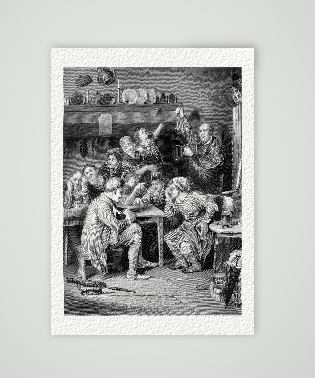 Die Ausspielung der Uhr – Stahlstich, Kunstdruck auf Hahnemühle-Büttenpapier