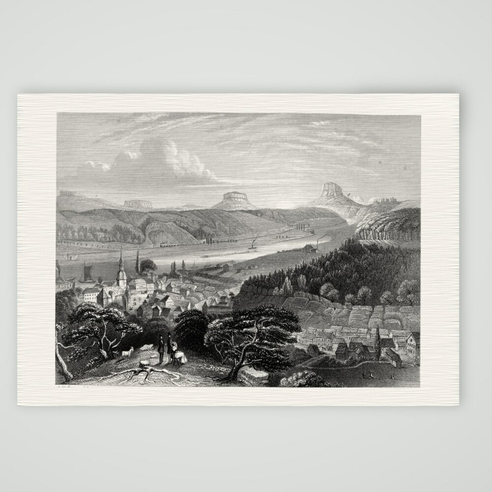 Bad Schandau in der Sächsischen Schweiz – Stahlstich, Kunstdruck auf Leinenpapier