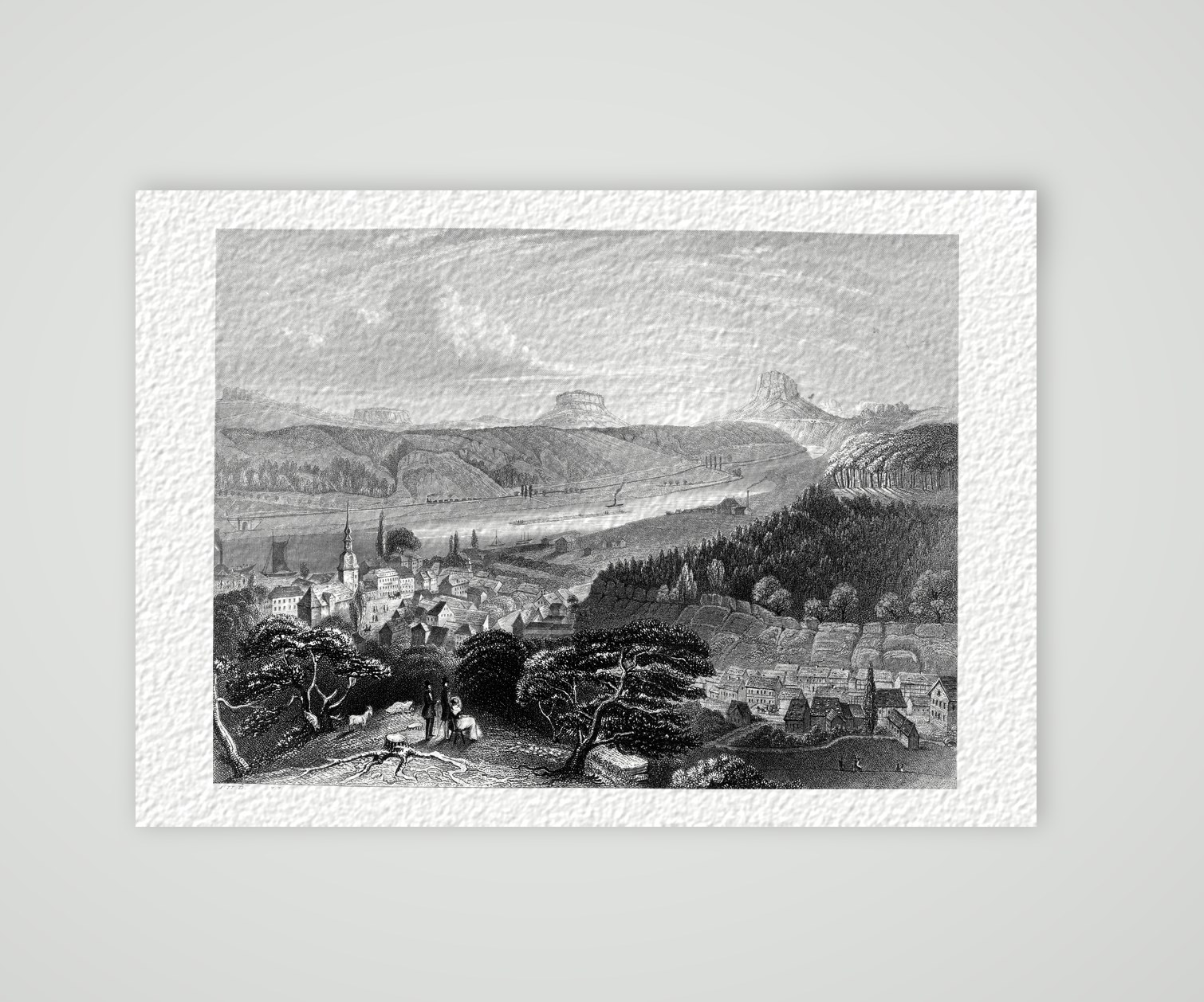 Bad Schandau in der Sächsischen Schweiz – Stahlstich, Kunstdruck auf Hahnemühle-Büttenpapier