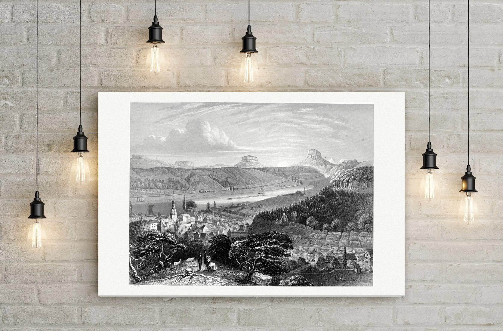 Bad Schandau in der Sächsischen Schweiz – Stahlstich, Leinwanddruck auf Holzkeilrahmen an der Wand