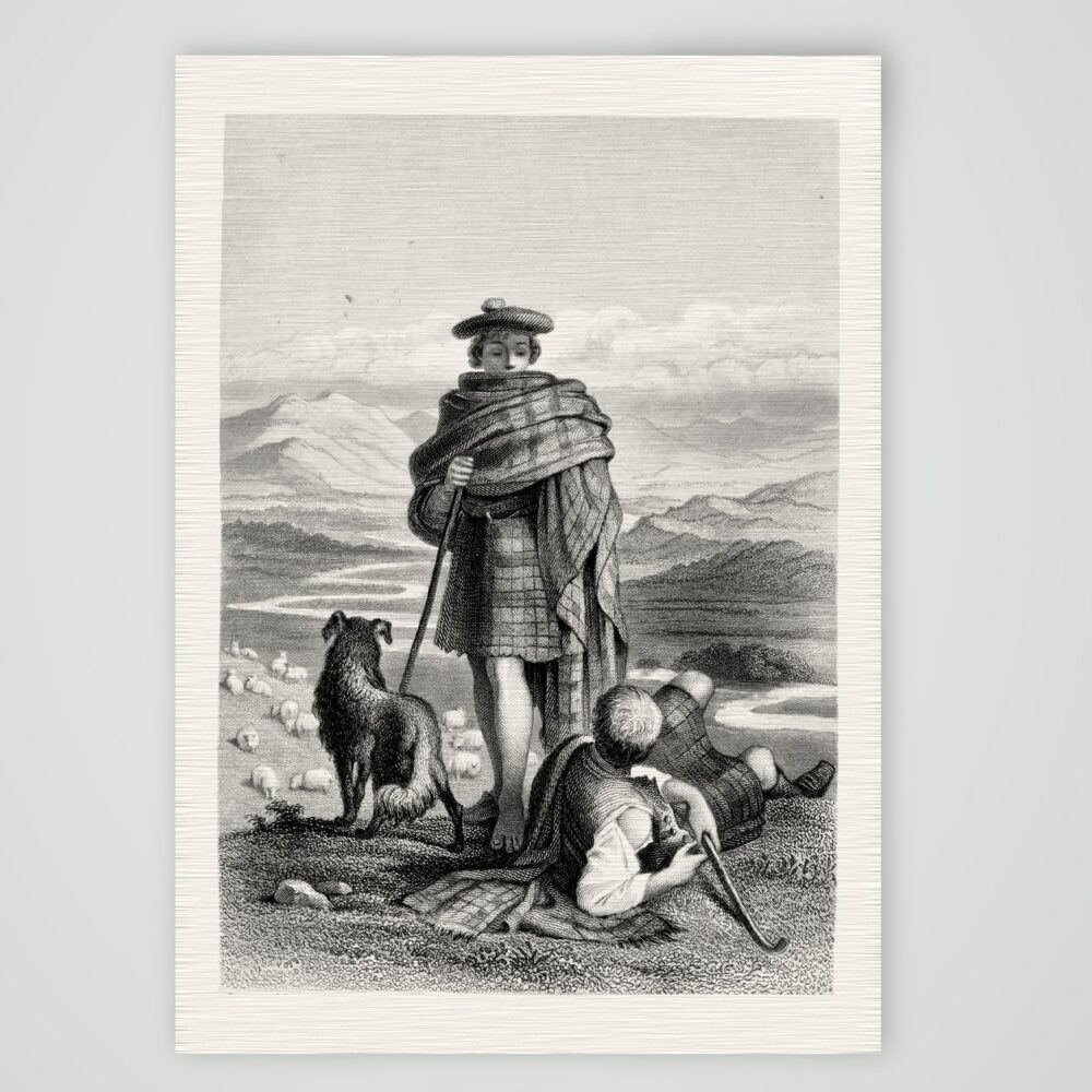 Schottische Schäfer – Stahlstich, Kunstdruck auf Leinenpapier