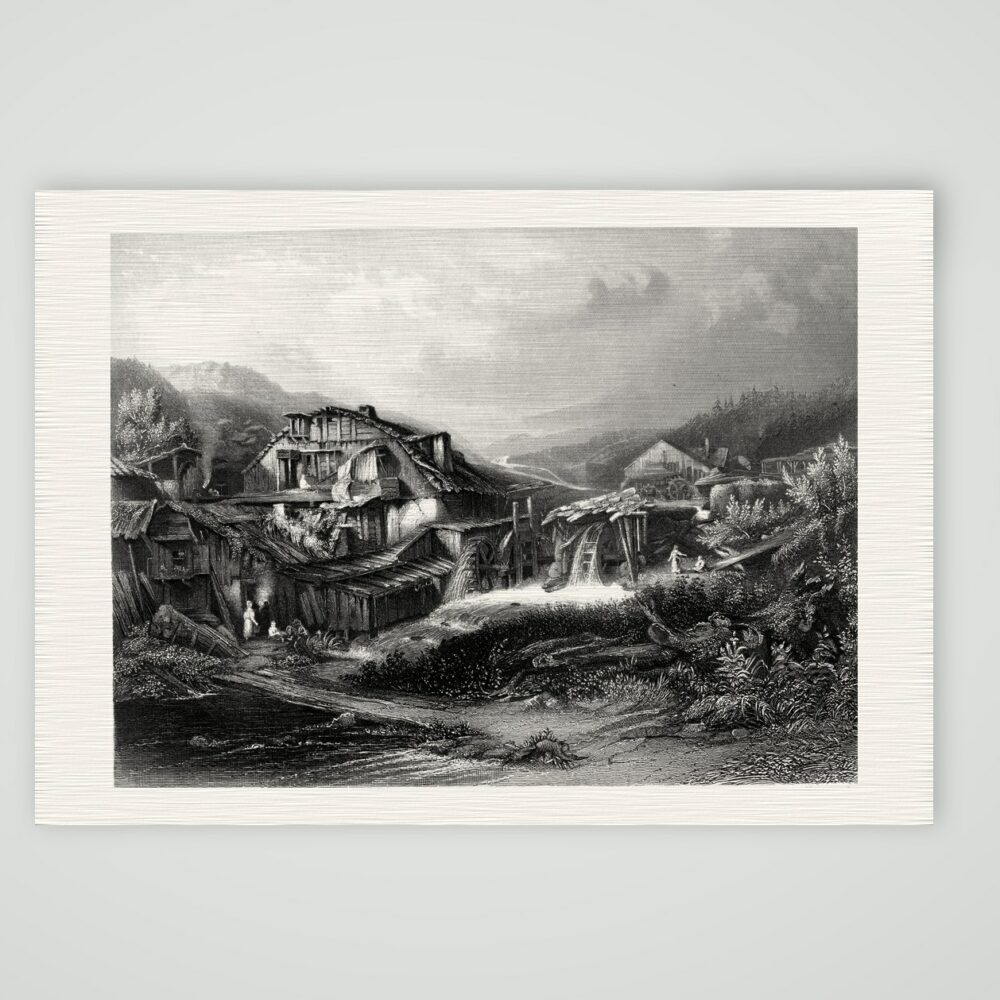Am Trollhättafall in Schweden – Stahlstich, Kunstdruck auf Leinenpapier